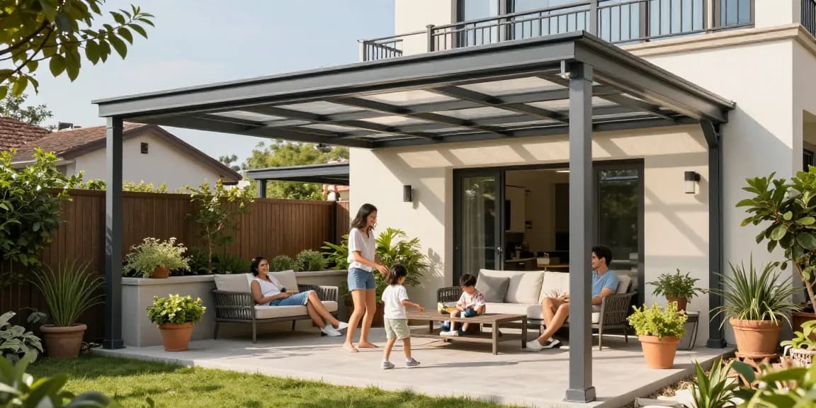 Moderne Terrassenüberdachung mit Familie, die entspannt im Freien unter dem Aluminiumdach sitzt.
