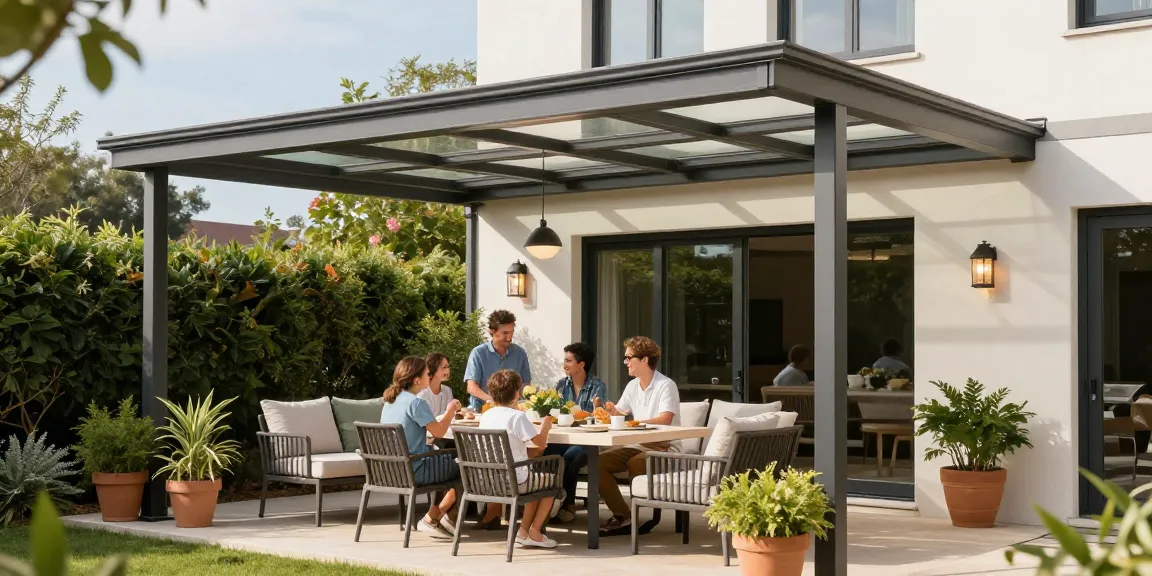 Terrassenüberdachungen in modernem Design, Familie genießt sonnigen Nachmittag