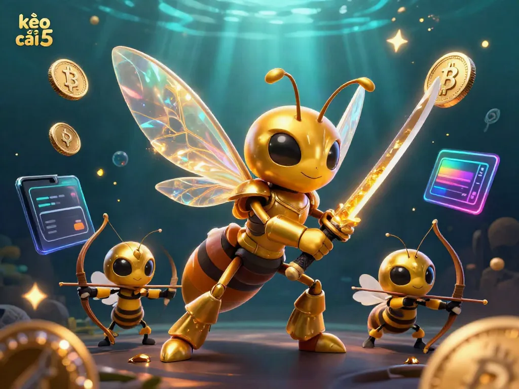 Capture the excitement of kèo nhà cái 5 with a golden hornet warrior alongside bee archers in a dynamic gambling scene.