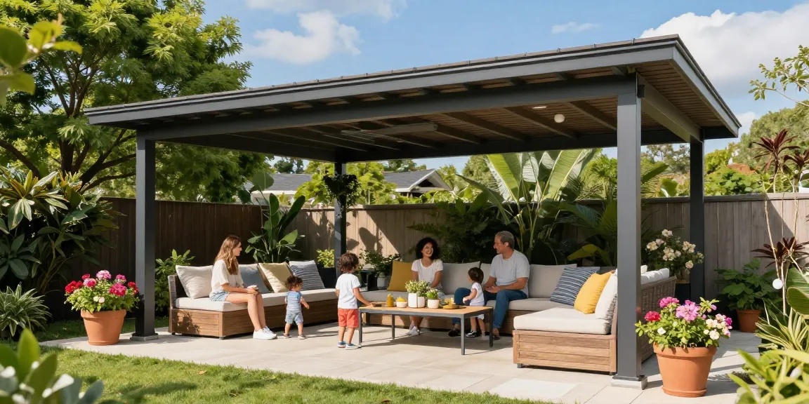 Freistehende Terrassenüberdachung im Garten mit Familie, die einen sonnigen Nachmittag genießt.