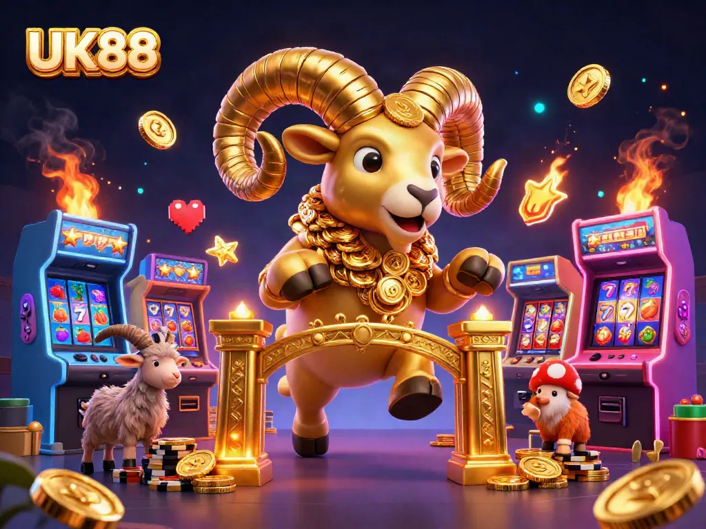 Engage with UK88's vibrant casino world featuring golden ram charging through slot reels and arcade excitement.