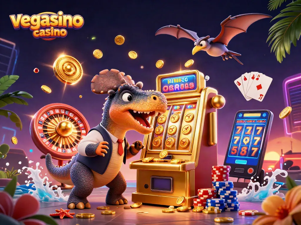 Experience the thrill of vegasino casino as cartoon dinosaurs celebrate jackpot wins with dynamic, eye-catching visuals.