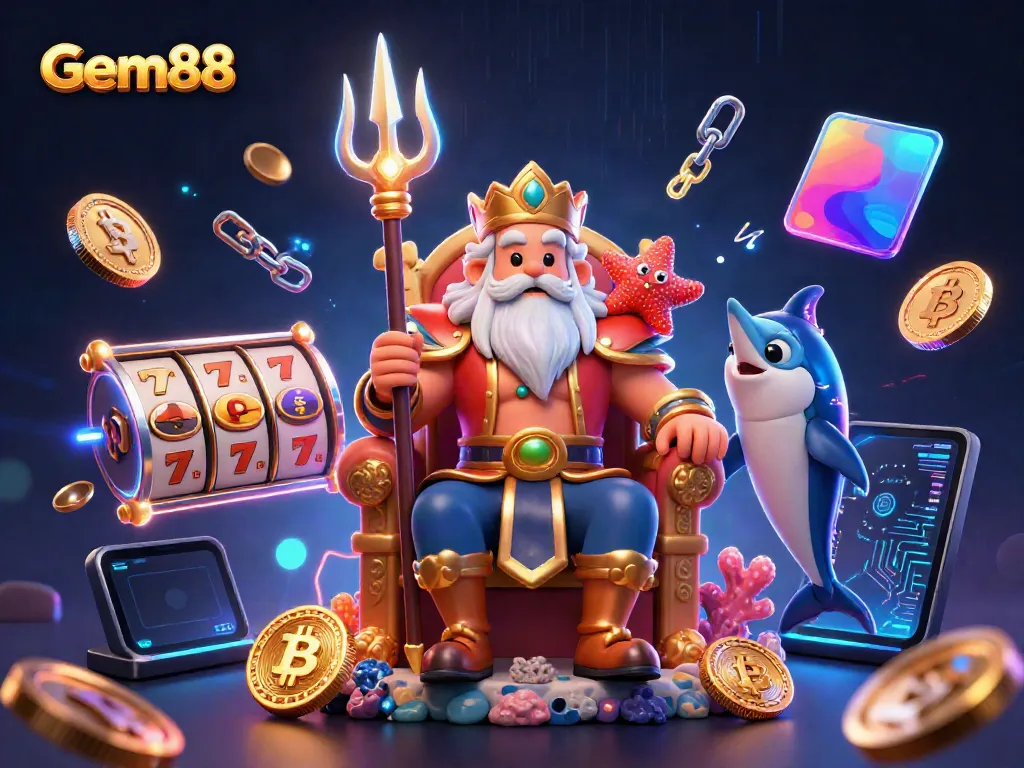Experience Gem88's vibrant online casino world with dynamic characters and glowing reels