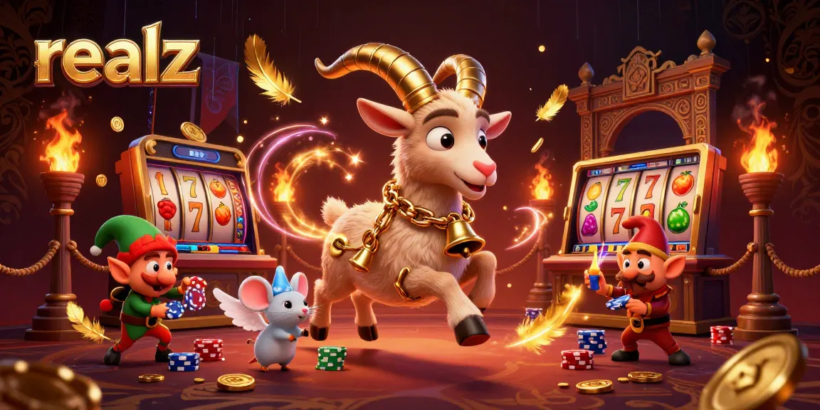 Play at Realz Casino with festive characters stealing poker chips and dynamic slot reels.