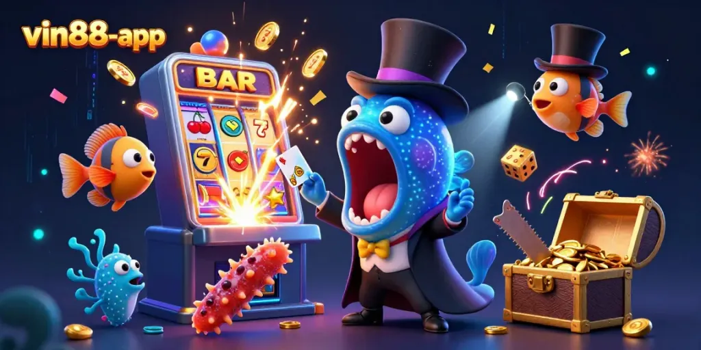 Experience thrilling wins at vin88-app with an enchanting scene of deep-sea characters amidst vibrant slot machines.