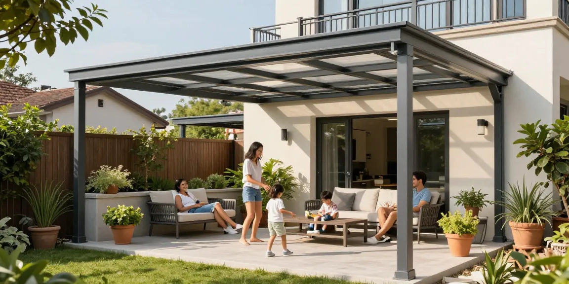 Moderne Terrassenüberdachung mit Familie, die entspannt im Freien unter dem Aluminiumdach sitzt.