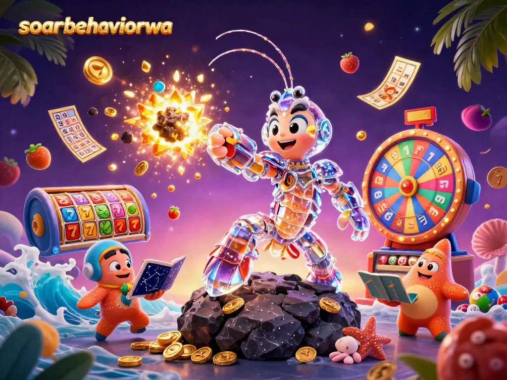 Engage with soarbehaviorwa as a samurai mantis shrimp breaks through an asteroid in a vibrant casino scene.