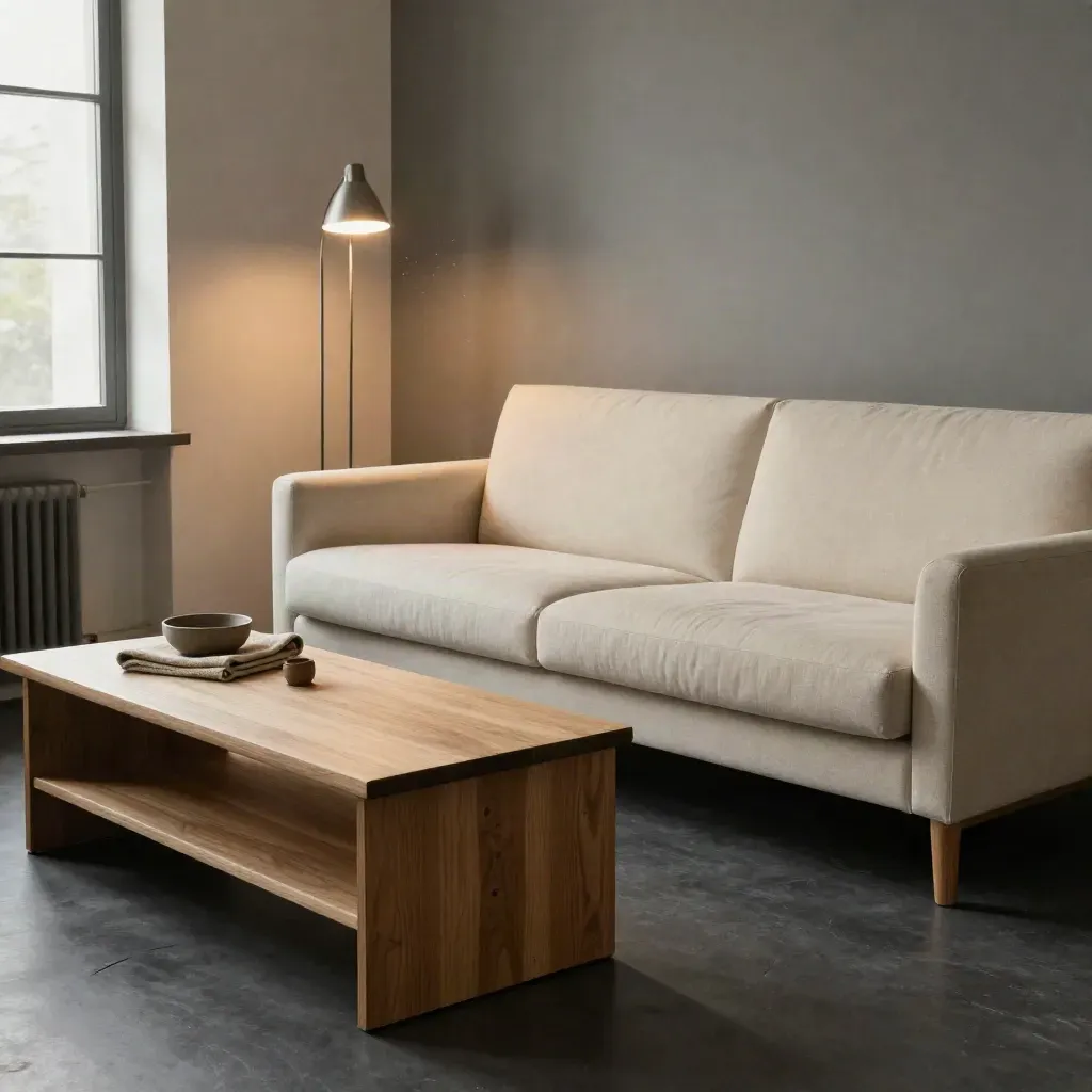 Sofa, Couchtisch und Stehlampe in einem ruhigen Apartment mit warmem Fensterlicht.