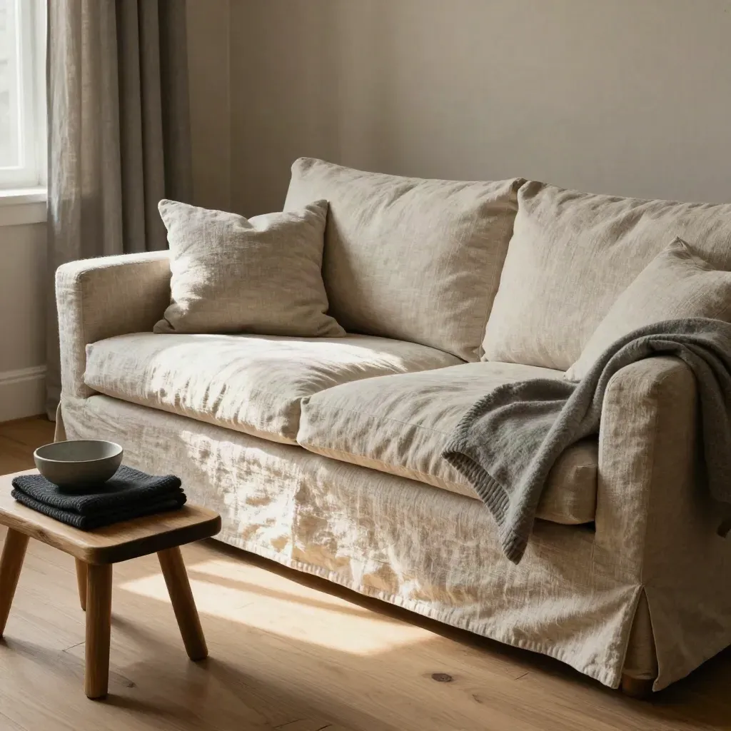 Leinen-Sofa mit Kissen, Wolldecke und Eichenhocker im sonnigen Wohnraum.
