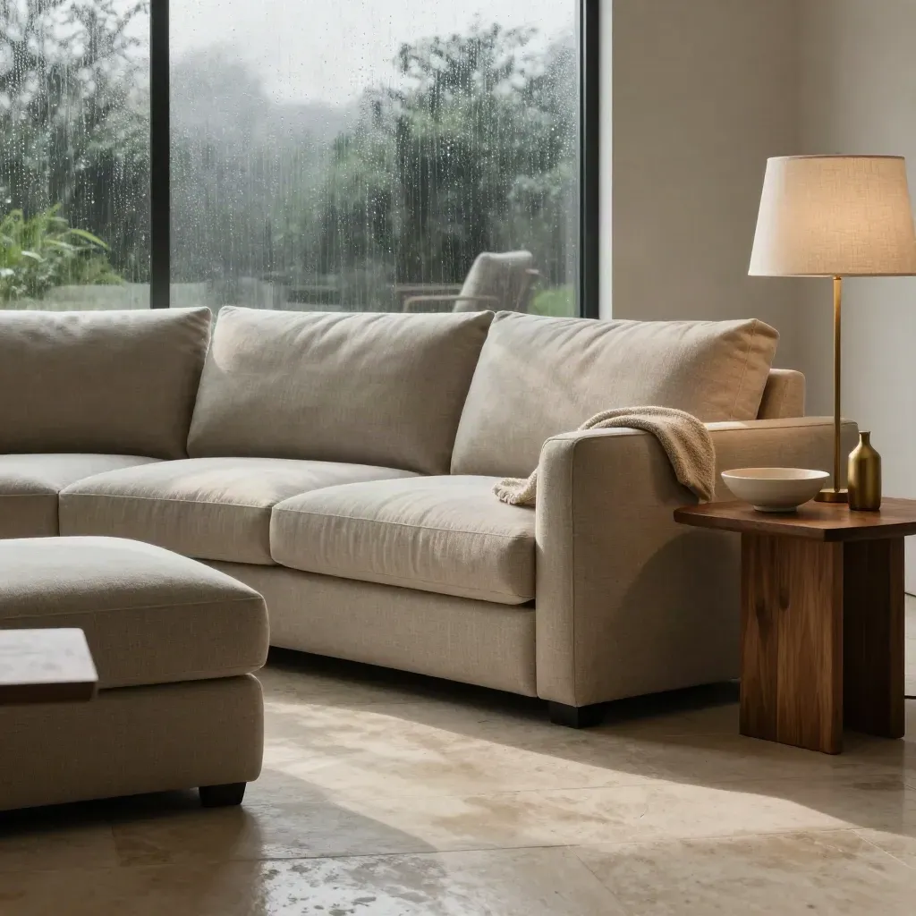 Sandfarbenes Ecksofa mit Ottomane, Walnussholz und Regenlicht im eleganten Wohnraum.
