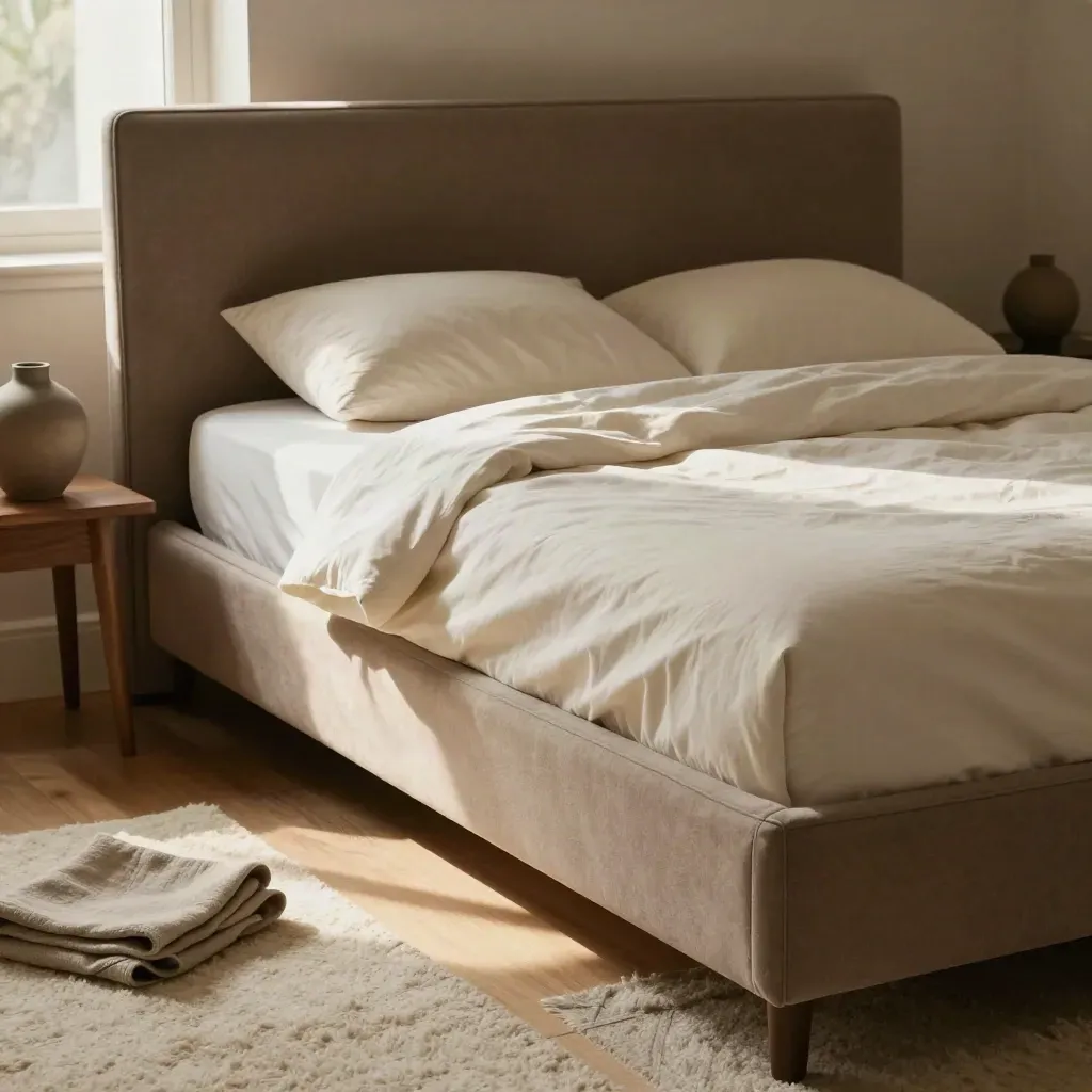 Luxuriöses Boxspringbett mit Kissen, Decke und warmem Holz im eleganten Schlafzimmer.
