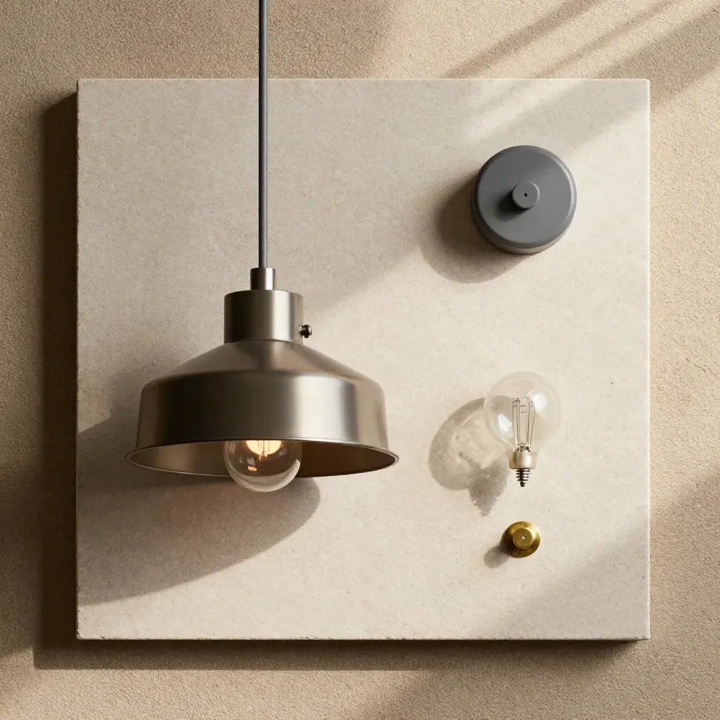 Pendelleuchte Noor als geordneter Flatlay-Bausatz auf hellem Stein mit Kabel, Schirm und Fassung