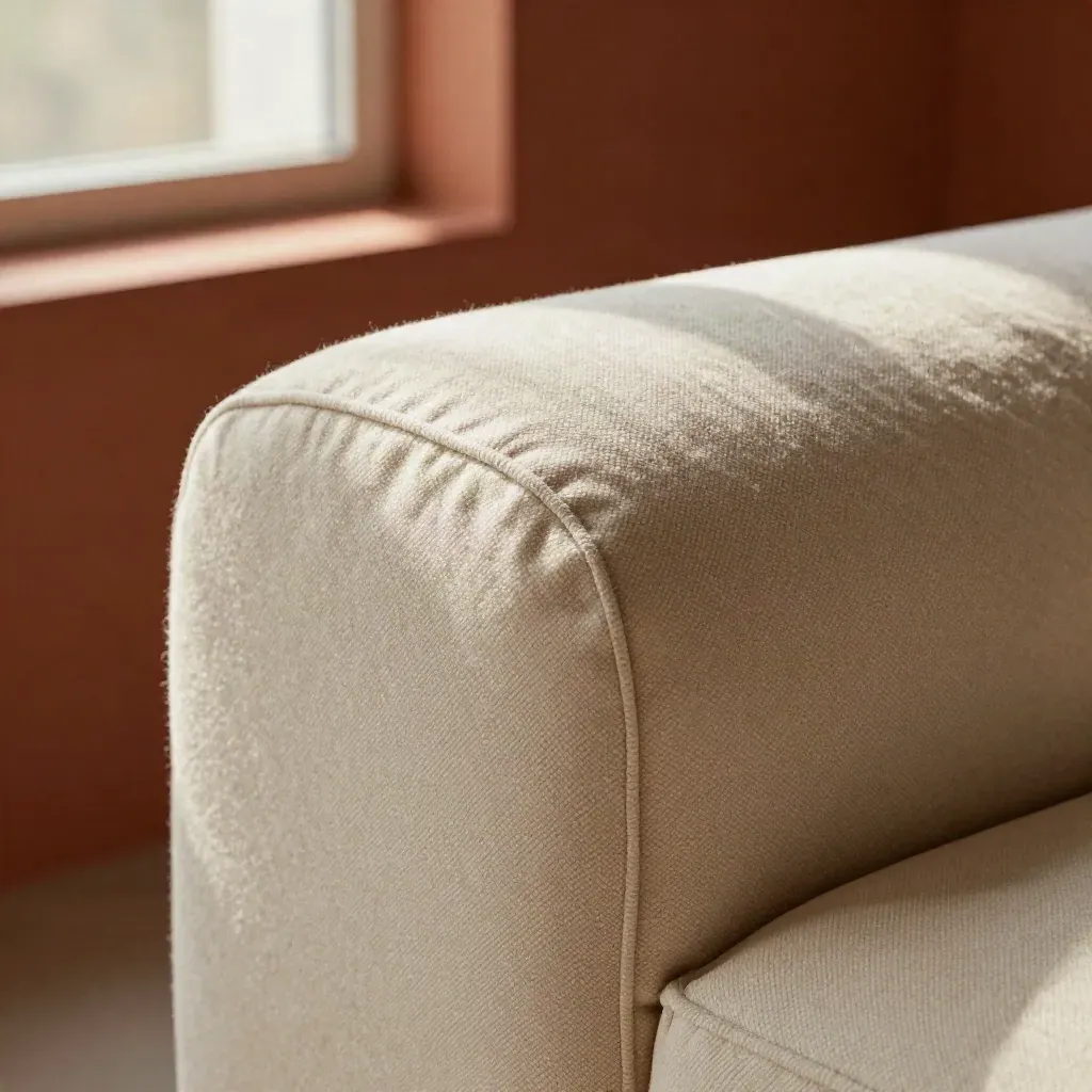 Makro eines cremefarbenen Bouclé-Loungesessels mit Naht und weicher Polsterung.