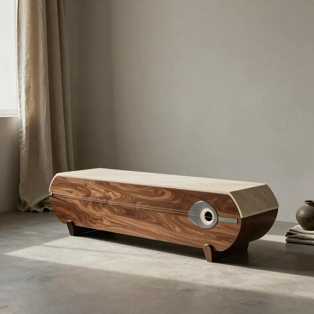 TV-Lowboard Kora 200 aus Eichefurnier mit Steintop, vor heller Wand und Leinenvorhang.