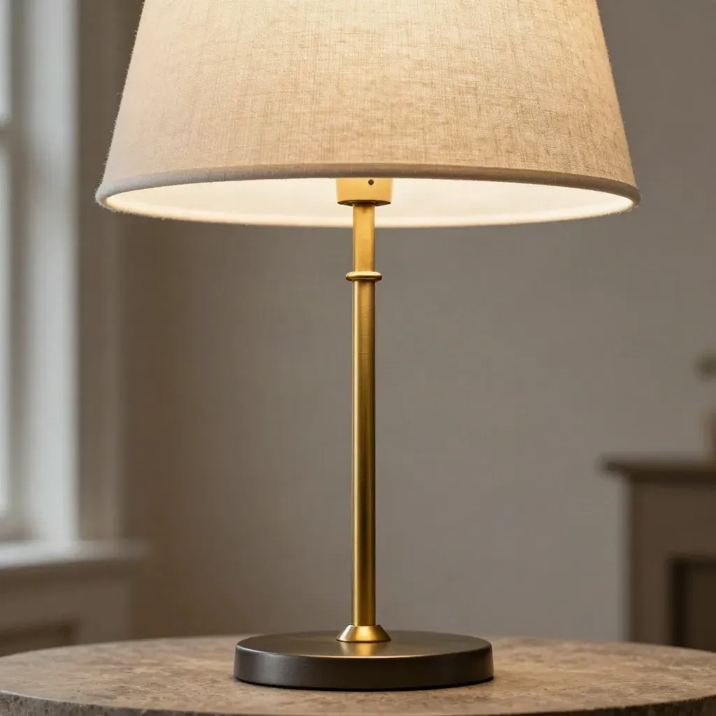 Stehlampe mit Messingarm und Leinenschirm in warmem, elegantem Licht
