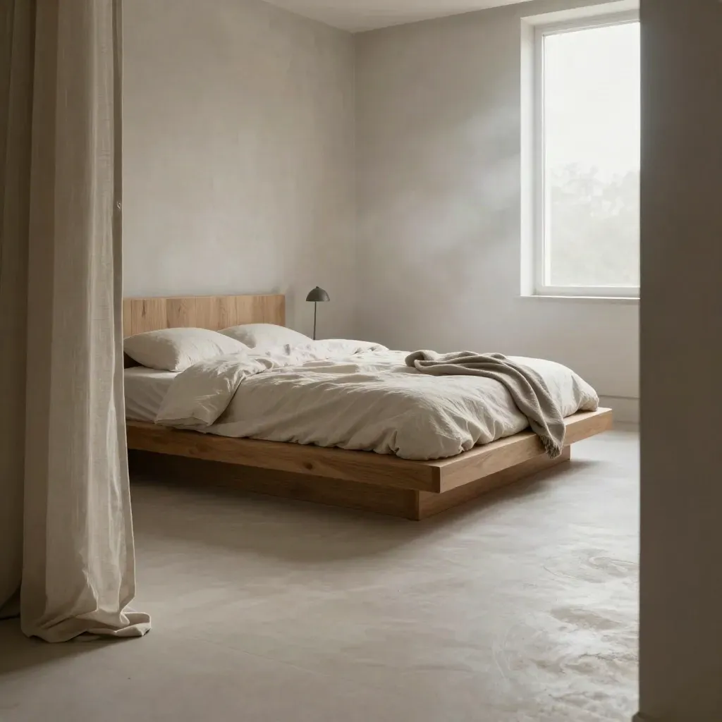 Helles Schlafzimmer mit Plattformbett, Putznische und sanftem Morgenlicht am Fenster.