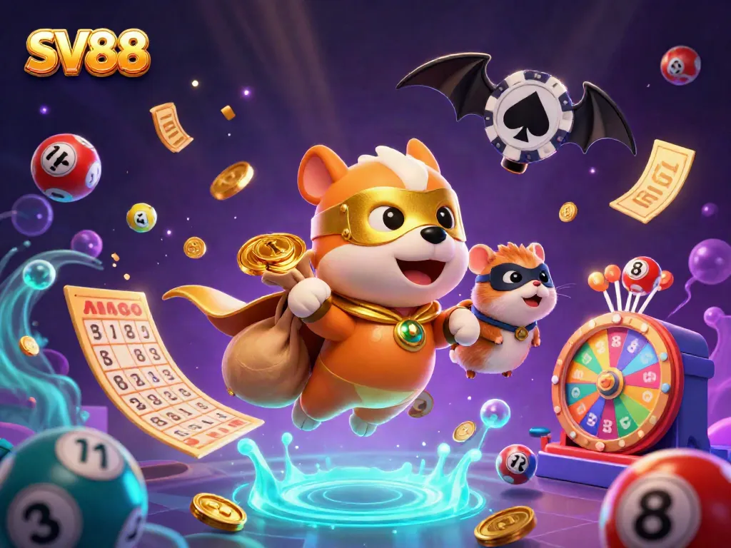 Engage with SV88, a vibrant scene showcasing a superhero dog and hamster celebrating wins with colorful lottery elements.