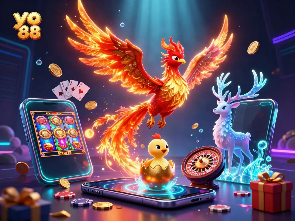 Engage with the dynamic world of yo 88 featuring a vibrant phoenix scene filled with casino elements like spinning slots, coins, and poker cards.