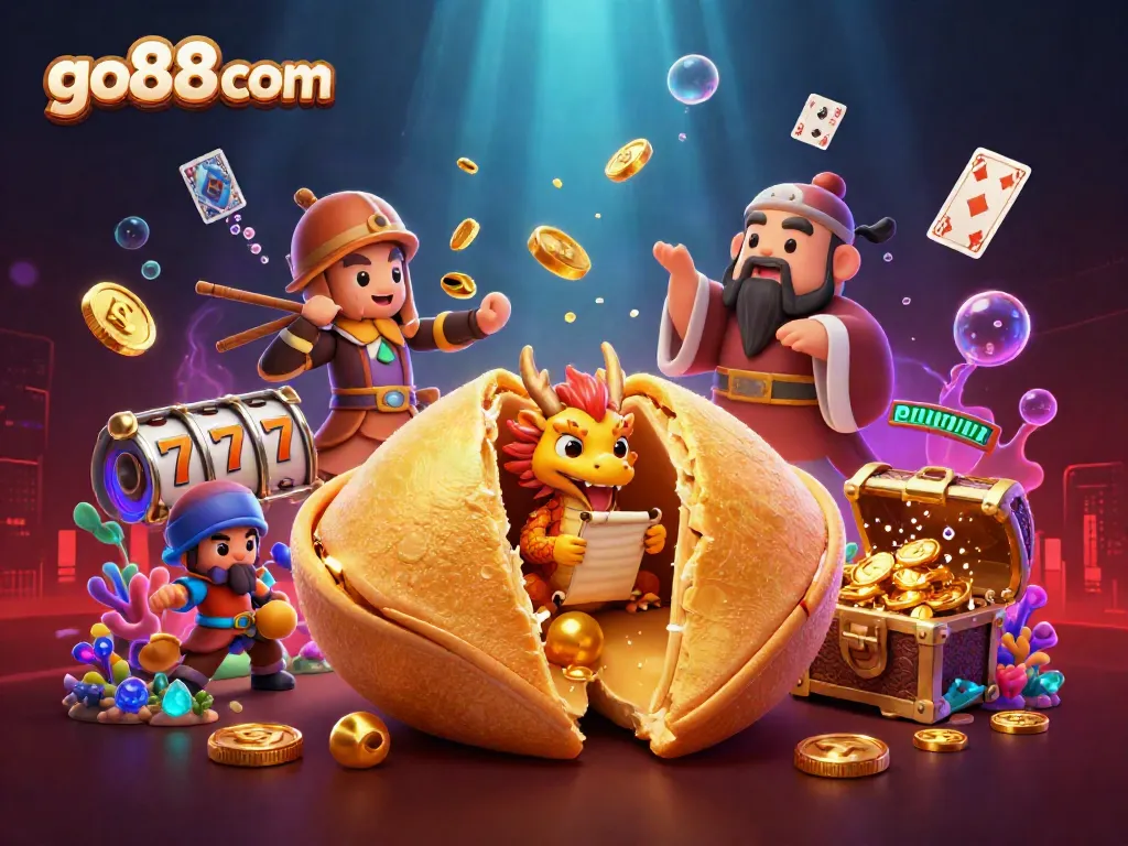Experience thrilling gambling at go88 com with a vibrant 3D illustration featuring lucky dragons and golden treasures.