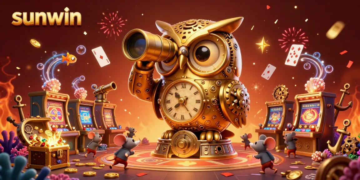 Experience the thrill of winning with sunwin's vibrant casino atmosphere, featuring a golden owl and lively game characters.
