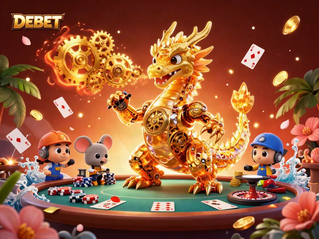 Engage in thrilling poker action with DEBET’s captivating golden dragon illustration, showcasing dynamic gameplay elements.