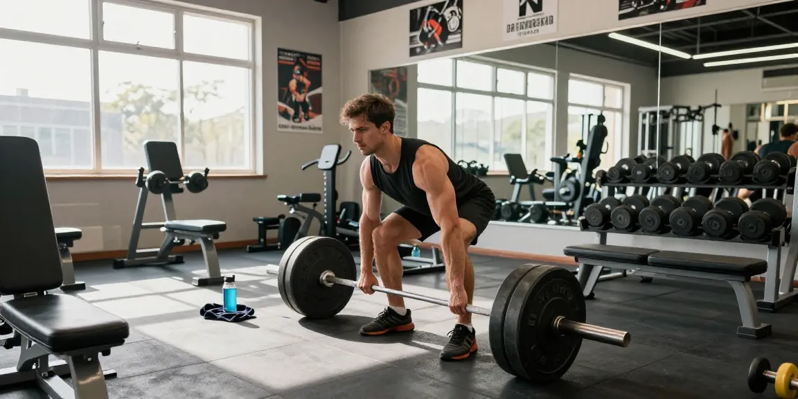 Starker Bodybuilder im Steroidshop beim Training, hebt Gewichte im modernen Fitnessstudio.