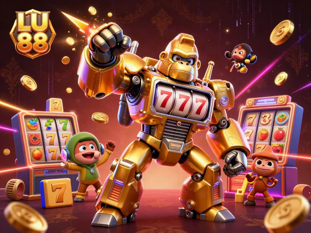Experience the excitement of LU 88 with a dynamic 3D illustration of a golden gorilla mech and slots themed elements.