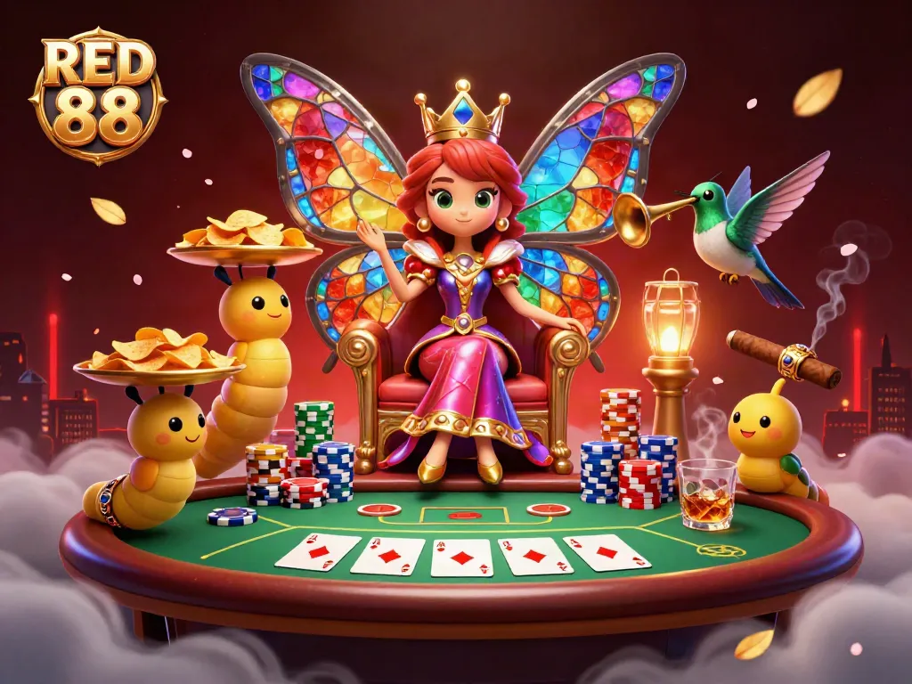 Experience the excitement of RED 88 with a vibrant 3D butterfly queen surrounded by gaming treasures.