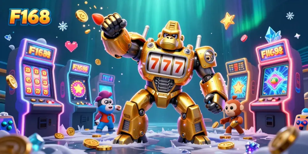 Spin the slots with F168's golden gorilla mech showcasing jackpots in cinematic detail.