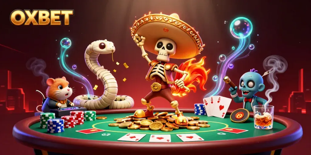 Join the victory dance at OXBET with a vibrant 3D casino scene featuring dynamic characters and poker elements.