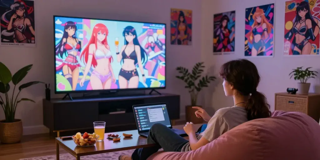 Engaging hentai chat session showcasing animated characters in a cozy environment.