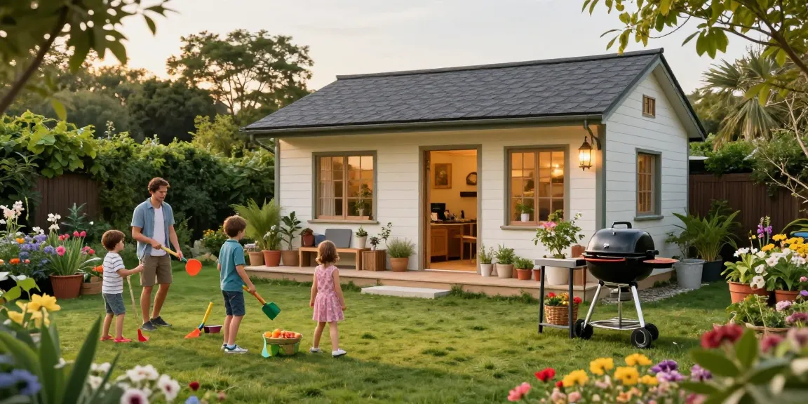 Garten Haus als zentraler Punkt einer Familienfeier im Garten mit bunten Blumen und entspannter Atmosphäre.