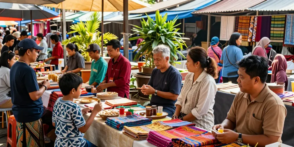 Engaging local marketplace scene with diverse people supporting rokok 88 and showcasing Indonesian craftsmanship.