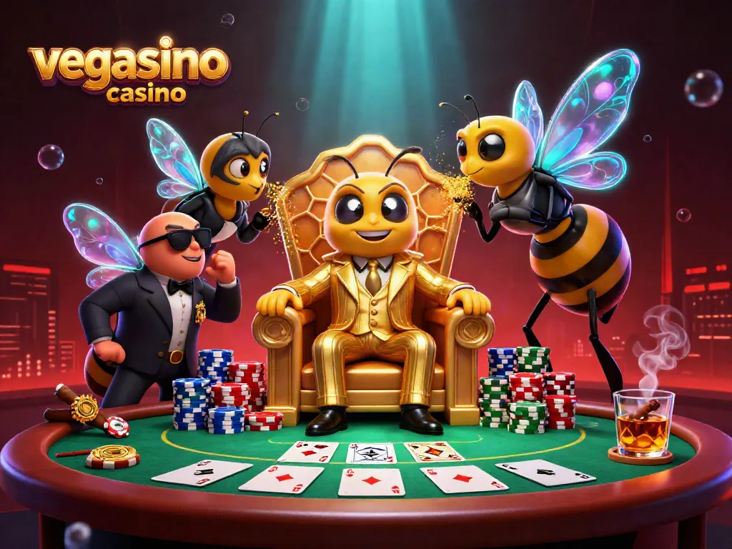 Experience the excitement of Vegasino casino with a captivating 3D scene of a bumblebee mob boss and gameplay elements.