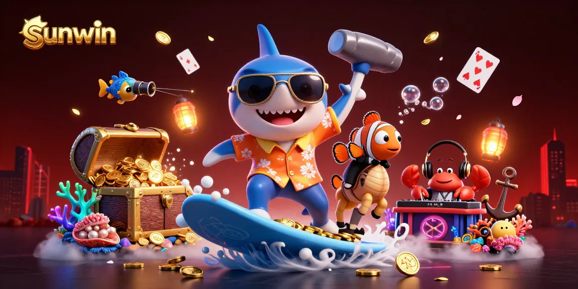 Experience sunwin with vibrant underwater casino adventures featuring a shark surfing on gold coins.