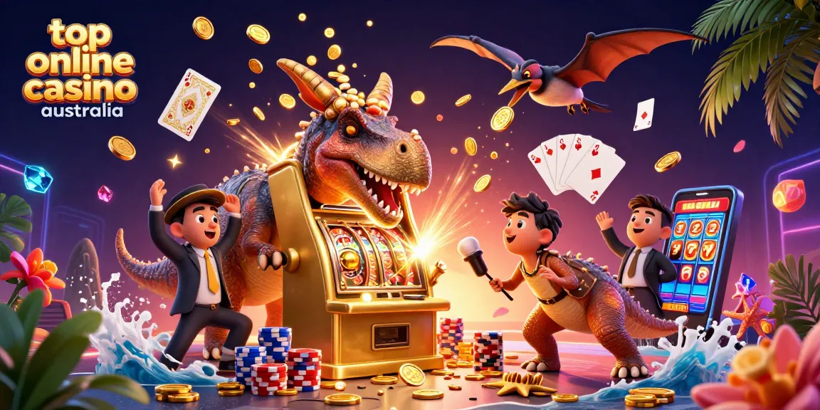 Engaging scene illustrating top online casino australia with a pachycephalosaurus and a slot machine, surrounded by vibrant casino elements.